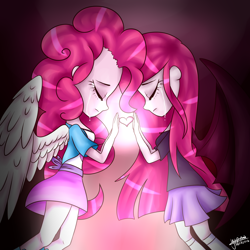 Size: 1024x1024 | Tagged: safe, artist:yupinapegasus, pinkie pie, equestria girls, angelic wings, bat wings, clothes, crying, duality, eyes closed, heart, pinkamena diane pie, pleated skirt, skirt, socks, wing fluff