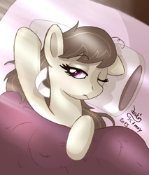 Size: 1020x1200 | Tagged: safe, artist:joakaha, octavia melody, earth pony, pony, bed, bed mane, blanket, messy mane, morning ponies, solo