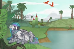 Size: 2560x1707 | Tagged: artist needed, source needed, safe, princess celestia, oc, oc:unise, phoenix, zebra, celenise, female, lake, male, palm tree, shipping, species swap, straight, tree, zebra oc, zebrafied