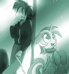 Size: 845x905 | Tagged: safe, artist:crade, lyra heartstrings, human, cigarette, collar, leash, pet, pony pet, rain, tongue out