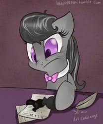 Size: 1280x1536 | Tagged: safe, artist:lolepopenon, octavia melody, earth pony, pony, ink, inkwell, messy, quill, solo, table