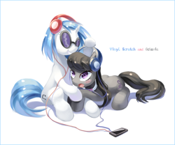 Size: 766x637 | Tagged: safe, artist:tsurukinoki, dj pon-3, octavia melody, vinyl scratch, earth pony, pony, blushing, glasses, headphones, iphone, simple background