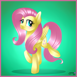 Size: 1300x1300 | Tagged: safe, artist:rainbowsweetcolors, fluttershy, pegasus, pony, raised hoof, smiling, solo, walking