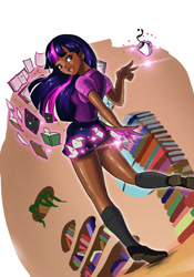 Size: 1244x1779 | Tagged: safe, artist:gobblesnaques, derpibooru import, twilight sparkle, human, book, clothes, coffee, coffee mug, dark skin, humanized, kneesocks, library, magic, miniskirt, school uniform, schoolgirl, shirt, shoes, skirt, socks, solo, vest