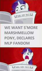 Size: 473x807 | Tagged: safe, edit, edited screencap, screencap, rarity, pony, unicorn, ponyville confidential, spoiler:s03, comic, exploitable meme, female, mare, meme, misspelling, newspaper, newspaper meme, rarity is a marshmallow, screencap comic, solo