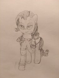 Size: 1000x1333 | Tagged: safe, artist:skelmach, rarity, pony, unicorn, bracelet, clothes, jewelry, jojo's bizarre adventure, lisa lisa, monochrome, pencil drawing, raised hoof, scarf, sketch, smiling, solo, traditional art