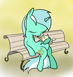 Size: 876x924 | Tagged: safe, artist:corwin, lyra heartstrings, cat, bench, sleeping