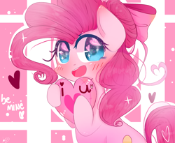 Size: 1516x1242 | Tagged: safe, artist:windymils, pinkie pie, earth pony, pony, blushing, bow, cute, female, hair bow, heart, heart eyes, looking at you, mare, open mouth, signature, smiling, solo, sparkles, valentine's day, wingding eyes