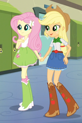 Size: 400x600 | Tagged: safe, edit, edited screencap, screencap, applejack, fluttershy, equestria girls, friendship games, appleshy, boots, clothes, door, female, hallway, high heel boots, holding hands, implied lesbian, lesbian, lockers, shipping, skirt