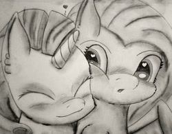 Size: 2671x2087 | Tagged: safe, artist:acleus097, fluttershy, rarity, pegasus, pony, unicorn, female, flarity, fluffy, grayscale, heart, heart eyes, lesbian, monochrome, nuzzling, pencil drawing, shipping, traditional art, wingding eyes