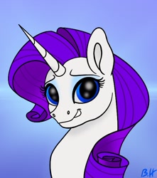 Size: 567x640 | Tagged: safe, artist:bellbell123, rarity, pony, unicorn, blue background, bust, cute, female, looking at you, mare, raribetes, signature, simple background, smiling, solo, watermark