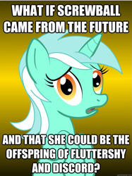 Size: 625x836 | Tagged: safe, lyra heartstrings, pony, unicorn, conspiracy lyra, discoshy, exploitable meme, female, green coat, horn, image macro, looking at you, male, mare, meme, open mouth, shipping, simple background, solo, straight, text, two toned mane