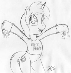 Size: 900x927 | Tagged: safe, artist:amigodan, lyra heartstrings, pony, bipedal, clothes, gloves, happy, humie, monochrome, shirt, solo, that pony sure does love hands