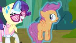 Size: 1615x909 | Tagged: safe, screencap, rarity, scootaloo, pegasus, pony, unicorn, sleepless in ponyville, camping outfit, dat butt, glowing horn, horn, levitation, magic, meme, out of context, telekinesis