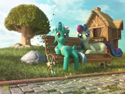 Size: 2048x1536 | Tagged: safe, artist:expir, bon bon, lyra heartstrings, sweetie drops, 3d, bench, duo, grass, house, outdoors, sitting, sitting lyra, tree