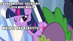 Size: 610x343 | Tagged: safe, derpibooru import, edit, edited screencap, screencap, spike, twilight sparkle, dragon, pony, unicorn, bedroom eyes, caption, female, friendship with benefits, image macro, innuendo, male, mare, meme, shipping, smiling, straight, twilight's bad pickup lines, twispike, wink