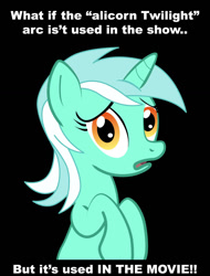 Size: 994x1305 | Tagged: safe, lyra heartstrings, pony, unicorn, alicorn drama, black background, conspiracy, conspiracy lyra, exploitable meme, female, green coat, horn, looking at you, mare, meme, open mouth, simple background, solo, text, two toned mane