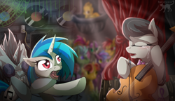 Size: 2016x1160 | Tagged: safe, artist:kocurzyca, dj pon-3, neon lights, octavia melody, rising star, vinyl scratch, earth pony, pony, crying, female, i am octavia, male, straight