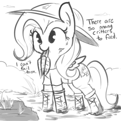 Size: 1280x1280 | Tagged: safe, artist:tjpones, fluttershy, pegasus, pony, boots, carrot, determined, farming, food, hat, monochrome, mouth hold, solo