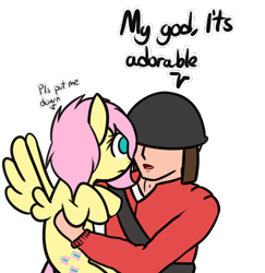 Size: 1200x1234 | Tagged: safe, artist:neuro, fluttershy, human, pegasus, pony, crossover, dialogue, female, helmet, holding a pony, male, mare, no pupils, simple background, soldier, spread wings, team fortress 2, transparent background