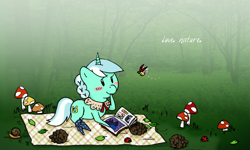 Size: 1280x768 | Tagged: safe, artist:fiatan, lyra heartstrings, ladybug, book, forest, mushroom, pinecone, reading, snail