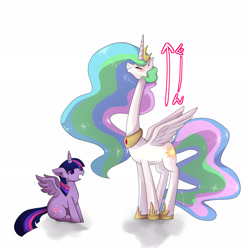 Size: 2057x2039 | Tagged: safe, artist:hosikawa, princess celestia, twilight sparkle, twilight sparkle (alicorn), alicorn, pony, crown, duo, female, impossibly long neck, jewelry, long neck, majestic as fuck, mare, necc, regalia, simple background, white background