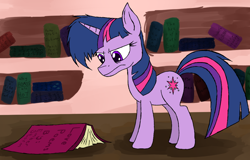 Size: 900x577 | Tagged: safe, artist:obstreperoussynapse, derpibooru import, twilight sparkle, book, unamused