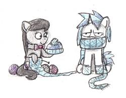 Size: 894x698 | Tagged: safe, artist:bobthedalek, dj pon-3, octavia melody, vinyl scratch, earth pony, pony, unicorn, clothes, duo, female, hat, knitting, lesbian, scarf, scratchtavia, shipping, traditional art, unamused