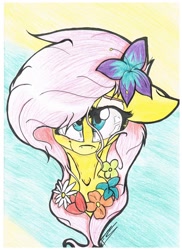 Size: 1024x1408 | Tagged: safe, artist:feathershine1, fluttershy, pegasus, pony, bust, flower, flower in hair, portrait, solo, traditional art
