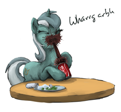 Size: 840x780 | Tagged: safe, artist:choedan-kal, lyra heartstrings, pony, unicorn, can, clumsy, coke, drink, drinking, eyes closed, female, hoof hold, mare, messy, salad, salt, silly, silly pony, simple background, soda, solo, wharrgarbl, white background