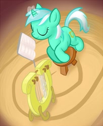 Size: 733x900 | Tagged: safe, artist:javkiller, lyra heartstrings, eyes closed, lyre, magic, music, sheet music, smiling, solo, song book, stool