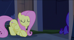 Size: 1360x730 | Tagged: safe, screencap, fluttershy, rarity, pegasus, pony, unicorn, castle mane-ia, eyes closed, smiling