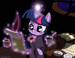 Size: 1650x1276 | Tagged: safe, artist:latecustomer, derpibooru import, twilight sparkle, bags under eyes, book, coffee, cookie, night, solo, tired