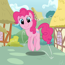 Size: 5000x5000 | Tagged: safe, artist:matimus91, pinkie pie, earth pony, pony, absurd resolution, cute, diapinkes, jumping, looking at you, ponyville, pronking, smiling, solo