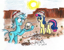 Size: 900x703 | Tagged: safe, artist:jessyruiz, bon bon, lyra heartstrings, sweetie drops, earth pony, human, pony, unicorn, bipedal, duo, hat, human skull, humie, saddle bag, skull, sun, traditional art