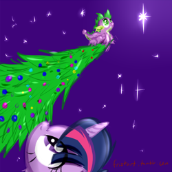 Size: 768x768 | Tagged: safe, artist:frist44, derpibooru import, spike, twilight sparkle, dragon, christmas tree, stars, tree