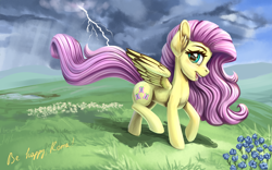 Size: 3840x2400 | Tagged: safe, artist:roadsleadme, fluttershy, pegasus, pony, female, flower, grass field, happy, lightning, mare, open mouth, scenery, solo