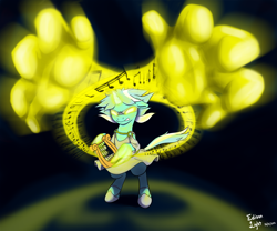 Size: 2000x1667 | Tagged: safe, artist:btbunny, lyra heartstrings, pony, bipedal, glowing eyes, hand, lyre, magic, magic hands, solo