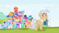 Size: 640x360 | Tagged: safe, screencap, amethyst star, apple bloom, berry punch, berryshine, big macintosh, bon bon, carrot top, cherry berry, daisy, dizzy twister, flower wishes, golden harvest, lemon hearts, linky, lyra heartstrings, mayor mare, minuette, orange swirl, sassaflash, scootaloo, sea swirl, seafoam, shoeshine, smarty pants, sparkler, spring melody, sprinkle medley, sunshower raindrops, sweetie belle, sweetie drops, twinkleshine, earth pony, pony, lesson zero, cutie mark crusaders, everypony, glasses, heart, heart eyes, male, raised hoof, stallion, want it need it