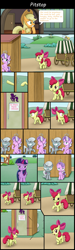 Size: 2607x8740 | Tagged: safe, artist:lifesharbinger, apple bloom, applejack, diamond tiara, silver spoon, twilight sparkle, twilight sparkle (alicorn), alicorn, earth pony, pony, comic:pit stop, somepony to watch over me, comic, desperation, female, filly, mare, need to pee, omorashi, outhouse, potty dance, potty emergency, potty time, trotting in place