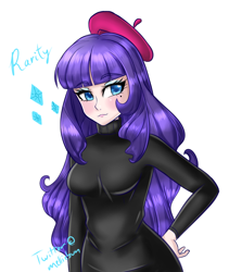 Size: 760x900 | Tagged: safe, artist:melliedraws, rarity, human, beatnik rarity, beauty mark, beret, clothes, hat, humanized, solo, sweater