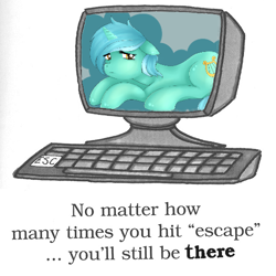 Size: 500x500 | Tagged: safe, lyra heartstrings, pony, unicorn, computer, emotional blackmail, female, horn, mare, trapped