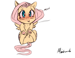 Size: 1400x1080 | Tagged: safe, artist:miokomata, fluttershy, pegasus, pony, blushing, both cutie marks, cute, female, looking at you, mare, shyabetes, signature, simple background, smiling, solo, transparent background, underhoof