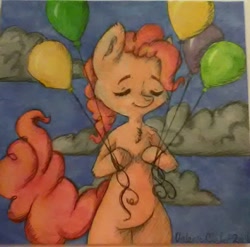 Size: 1166x1153 | Tagged: safe, artist:anguineaffinity, pinkie pie, earth pony, pony, balloon, cloud, eyes closed, solo, traditional art