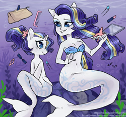 Size: 1500x1400 | Tagged: safe, artist:nebychko, rarity, mermaid, pony, seapony (g4), equestria girls, bandeau, belly button, breasts, cleavage, comb, human ponidox, lipstick, mermaid tail, mermaidized, mirror, seaponified, seapony rarity, self ponidox, species swap, underwater