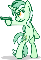 Size: 348x509 | Tagged: artist needed, safe, lyra heartstrings, pony, unicorn, bipedal, gun, pistol, simple background, solo, transparent background