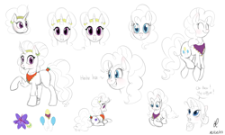 Size: 2500x1500 | Tagged: safe, artist:divlight, pinkie pie, rarity, saffron masala, earth pony, pony, unicorn, spice up your life, accessory swap, blushing, partial color, prone, raised hoof, sketch, sketch dump