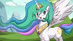 Size: 3264x1836 | Tagged: safe, artist:zsparkonequus, princess celestia, alicorn, pony, anime style, crown, ear fluff, happy, open mouth, peytral, regalia, signature, smiling, solo, spread wings, wings