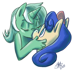 Size: 1000x935 | Tagged: safe, artist:romaniz, bon bon, lyra heartstrings, sweetie drops, anthro, female, hand, kissing, lesbian, lyrabon, shipping