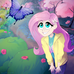 Size: 2222x2222 | Tagged: safe, artist:lionisminor, fluttershy, butterfly, human, clothes, flower, flower in hair, forest, grin, humanized, jacket, smiling, solo, tree, water